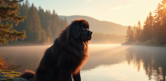 Chien Newfoundland assis sur une roche près d'un lac au lever du soleil