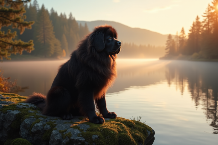 Chien Newfoundland assis sur une roche près d'un lac au lever du soleil