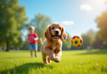 Chiot cocker spaniel américain jouant avec un enfant sur la pelouse