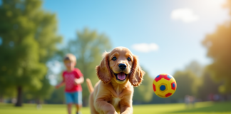 Chiot cocker spaniel américain jouant avec un enfant sur la pelouse