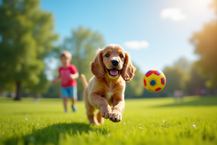 Chiot cocker spaniel américain jouant avec un enfant sur la pelouse