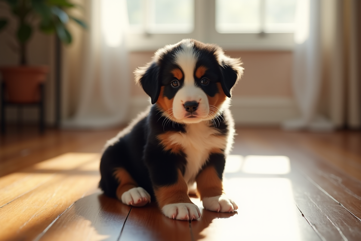 Un chiot bernois assis à l
