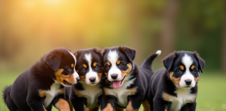 Plusieurs chiots bouledogue bernois jouant ensemble sur l'herbe verte