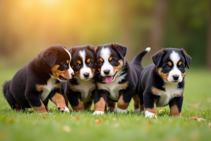 Plusieurs chiots bouledogue bernois jouant ensemble sur l'herbe verte