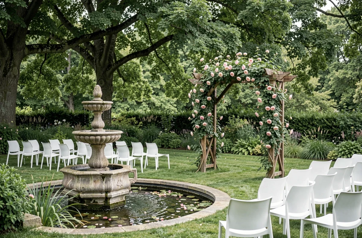 Espace réception extérieur du Clos de la Source avec fontaine en pierre, pergola en bois et pelouse verdoyante