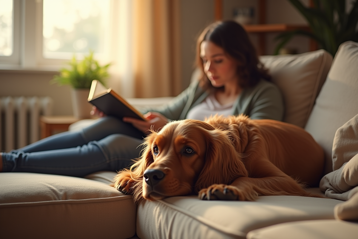 Cocker spaniel adulte reposant sur un canapé dans un salon chaleureux