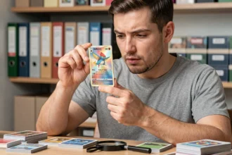 Collectionneur examinant une carte Pokémon holographique de près pour évaluer son état et sa valeur