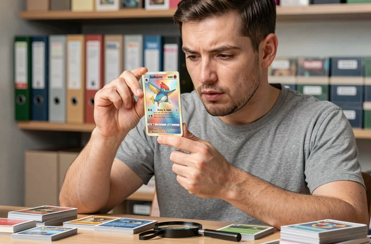 Collectionneur examinant une carte Pokémon holographique de près pour évaluer son état et sa valeur