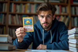 Collectionneur de cartes Pokémon examinant une carte holographique rare avec une expression méfiante, assis à un bureau encombré de classeurs de cartes