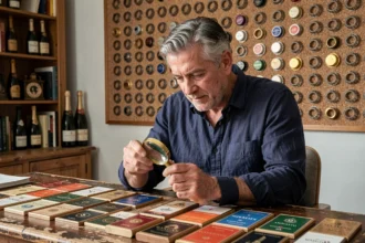 Collectionneur de placomusophilie examinant une capsule de champagne vintage à la loupe dans son bureau
