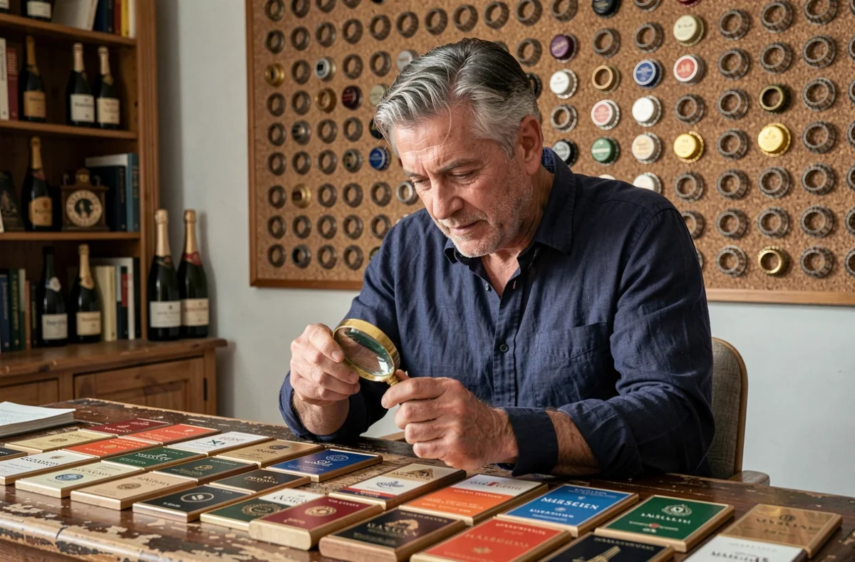 Collectionneur de placomusophilie examinant une capsule de champagne vintage à la loupe dans son bureau