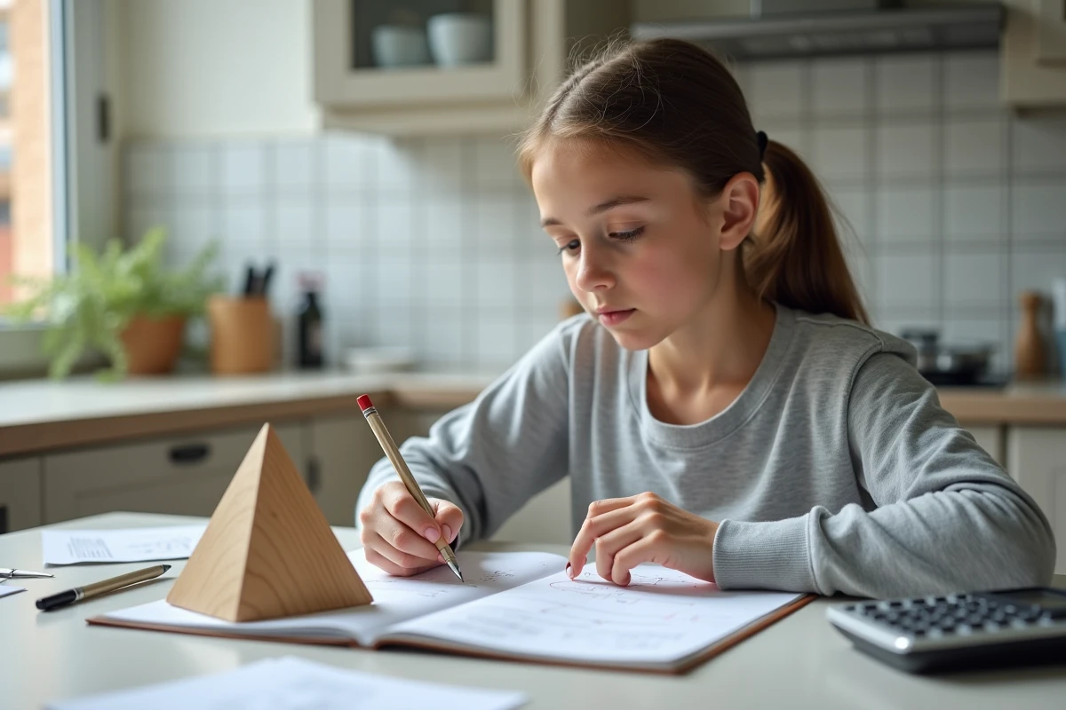 Collégienne révisant le calcul de volume d'un triangle avec un solide géométrique et un manuel de maths à domicile