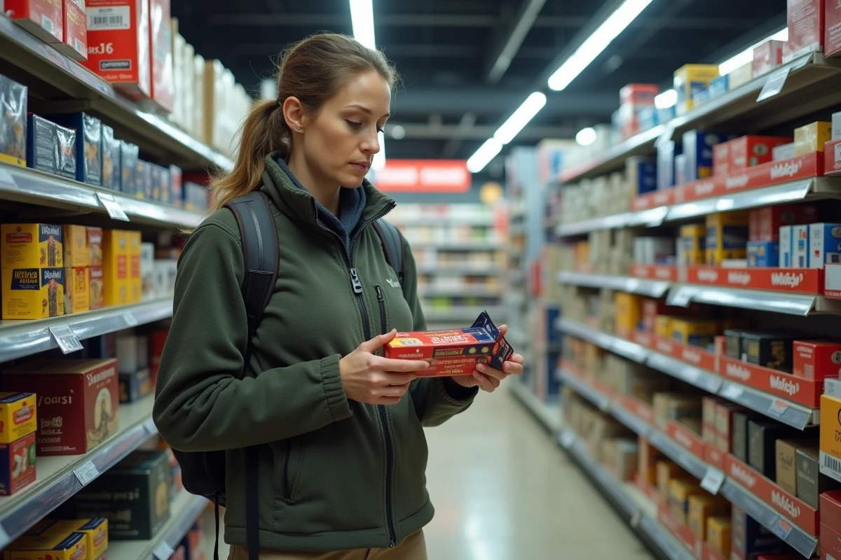 Femme comparant des boîtes de cartouches dans un magasin duty-free en Andorre