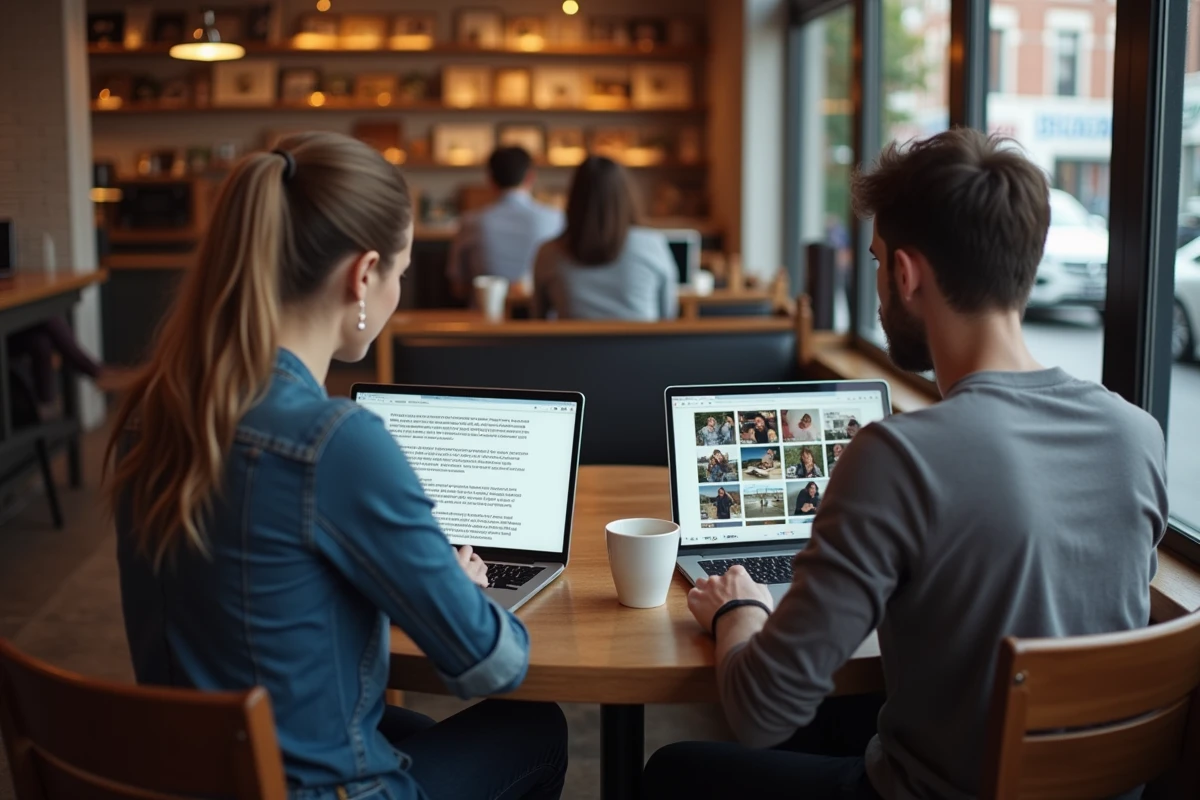 Deux personnes comparant différentes interfaces de navigation de contenu en ligne, Reddit classique et Scrolller, dans un café urbain