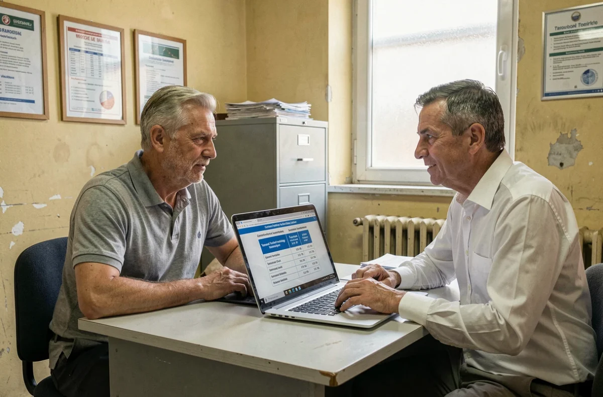 Deux techniciens comparant les statuts contractuel et titulaire via une grille salariale sur ordinateur dans une mairie