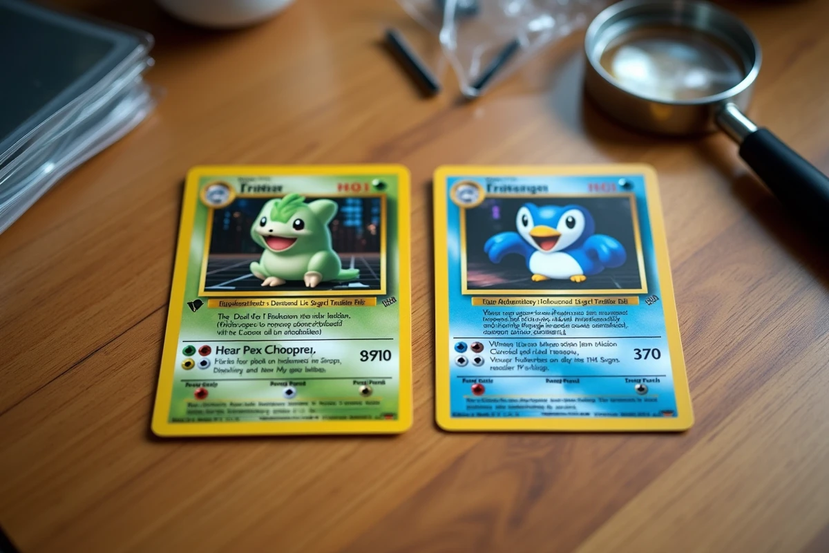 Comparaison côte à côte d'une vraie carte Pokémon holographique rare et d'une contrefaçon, posées sur une table en bois avec une loupe de collectionneur