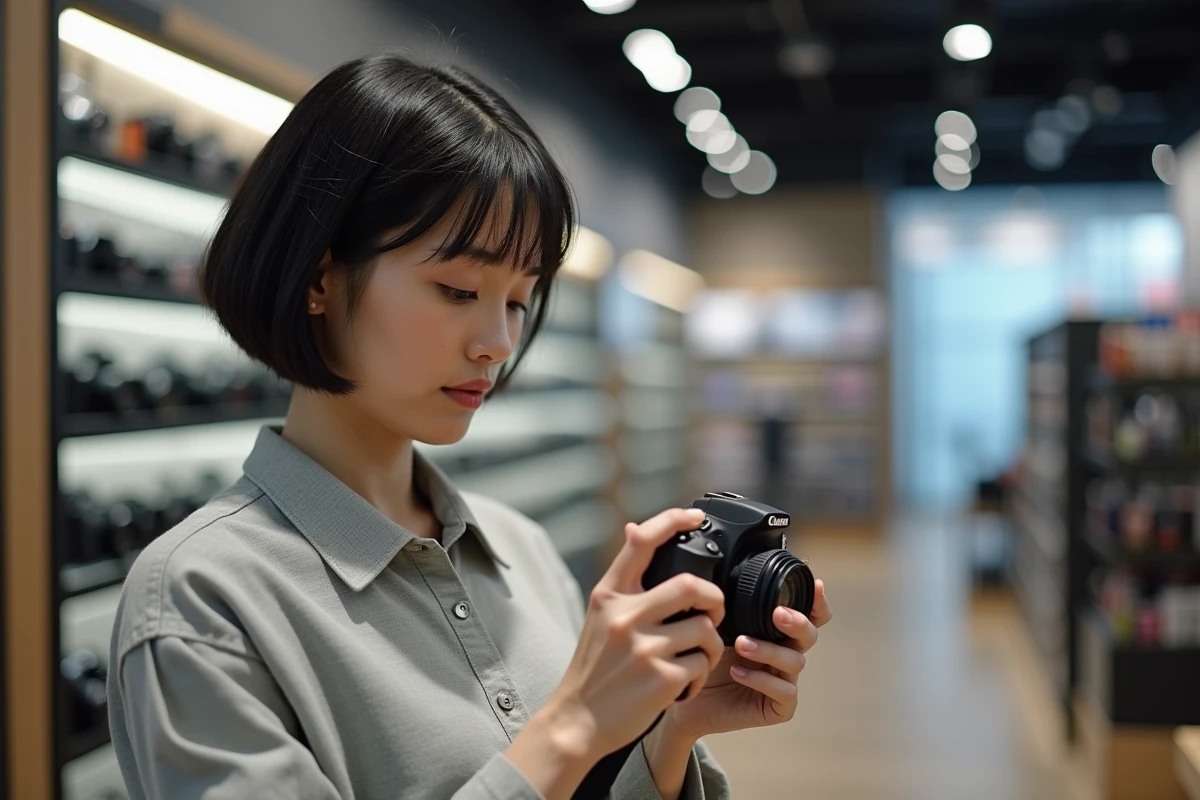Femme comparant des appareils photo compacts dans un magasin d'électronique, tenant un compact numérique et inspectant son écran LCD