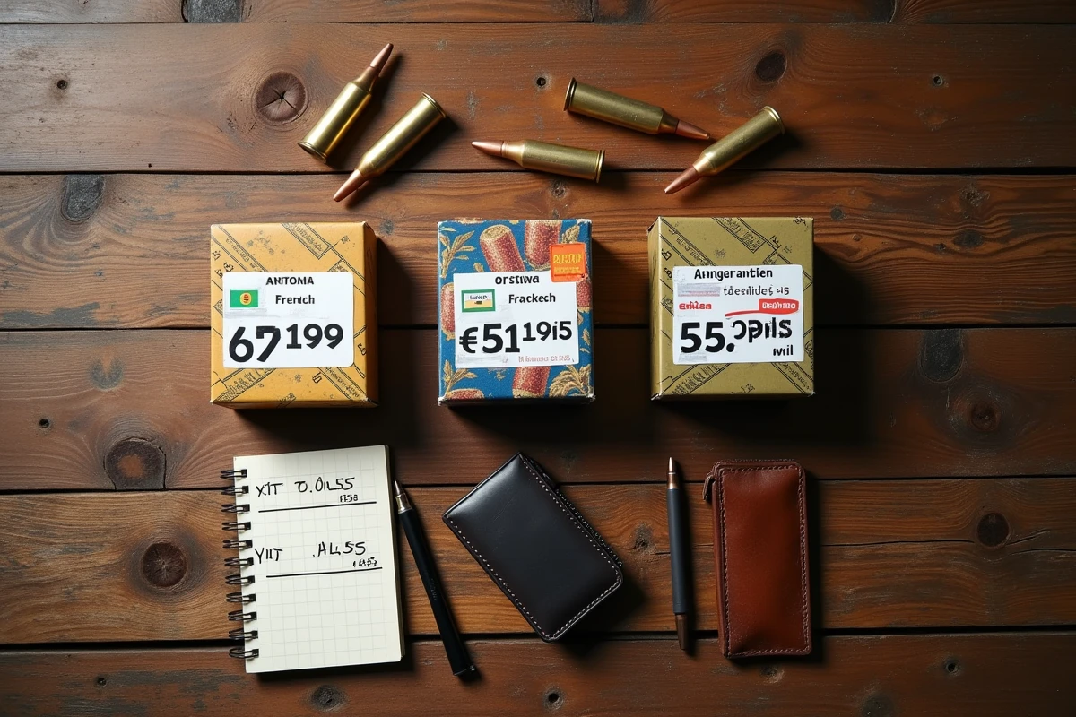 Comparaison de prix de cartouches de chasse entre la France, l'Espagne et l'Andorre sur une table en bois