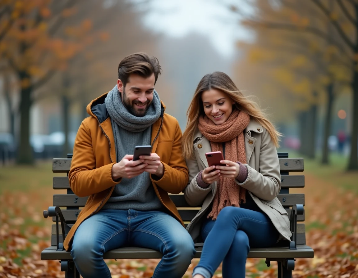 Deux personnes timides assises sur un banc de parc en automne, connectées via leurs smartphones, symbolisant la création de lien grâce au tchat Chérie FM