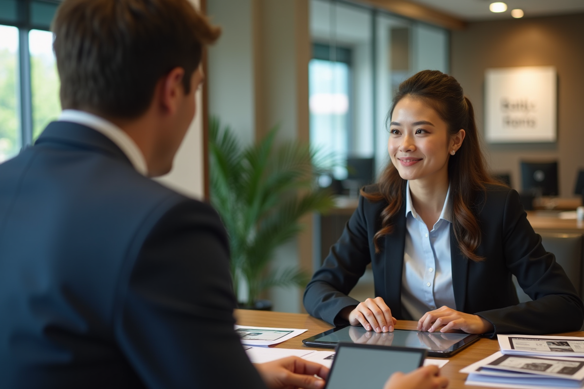 Jeune femme discutant avec un conseiller bancaire dans une agence