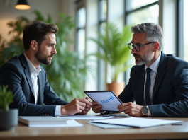 Conseiller financier discutant stratégies d'investissement avec un client