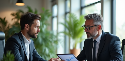 Conseiller financier discutant stratégies d'investissement avec un client