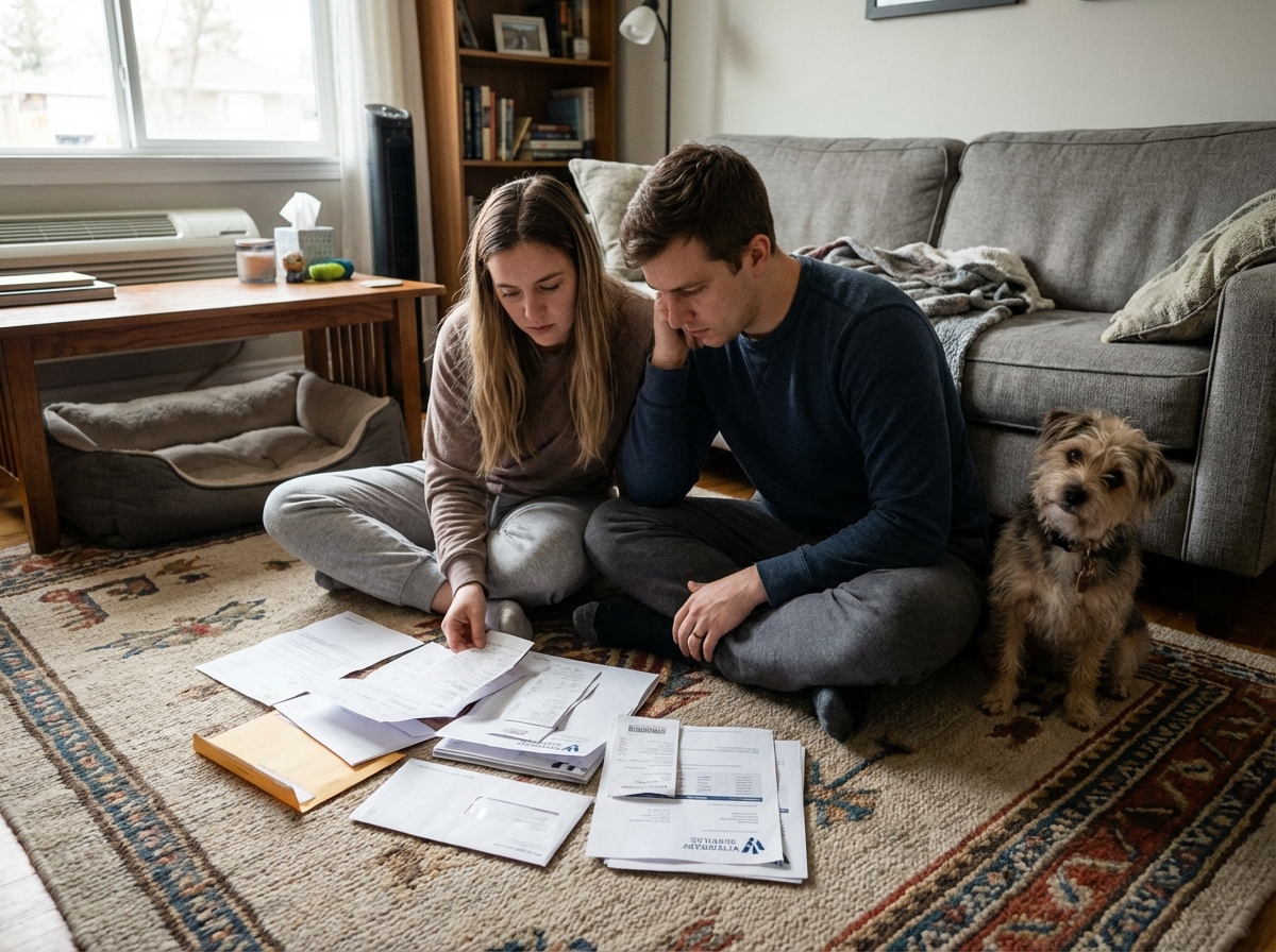 Couple examinant des factures vétérinaires à la maison