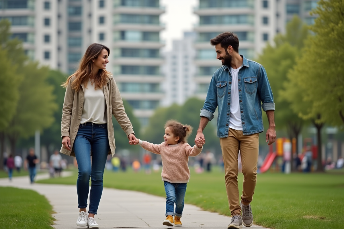 Couple gay avec enfant dans un parc urbain animé