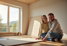 Couple souriant installant des panneaux isolants écologiques dans un salon lumineux