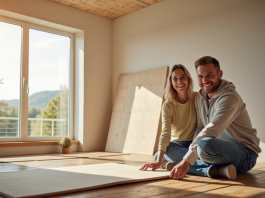 Couple souriant installant des panneaux isolants écologiques dans un salon lumineux