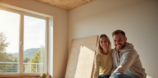 Couple souriant installant des panneaux isolants écologiques dans un salon lumineux