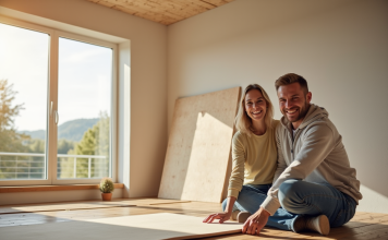Isolation thermique efficace : comment choisir la meilleure solution pour votre logement ? Couple souriant installant des panneaux isolants écologiques dans un salon lumineux