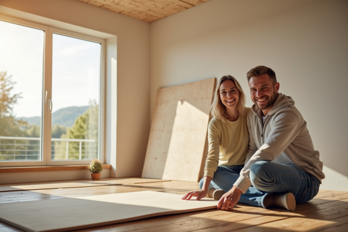 Couple souriant installant des panneaux isolants écologiques dans un salon lumineux