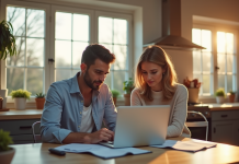 Couple dans une cuisine moderne examinant des documents immobiliers