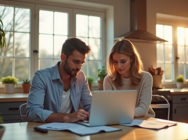 Couple dans une cuisine moderne examinant des documents immobiliers
