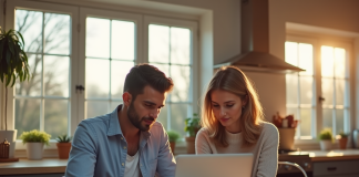 Couple dans une cuisine moderne examinant des documents immobiliers