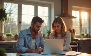 Estimer sa maison : combien ça coûte et comment procéder ? Couple dans une cuisine moderne examinant des documents immobiliers