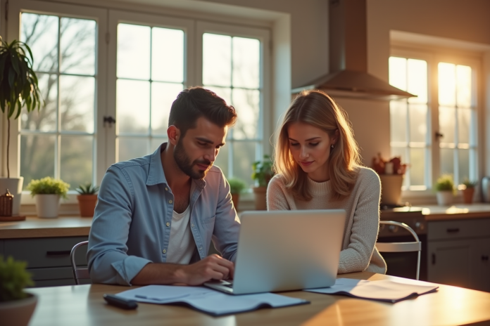 Couple dans une cuisine moderne examinant des documents immobiliers