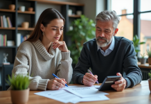 Couple en réunion dans un bureau moderne pour un prêt immobilier