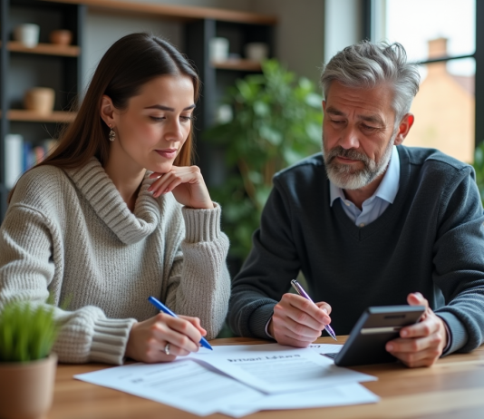 Couple en réunion dans un bureau moderne pour un prêt immobilier