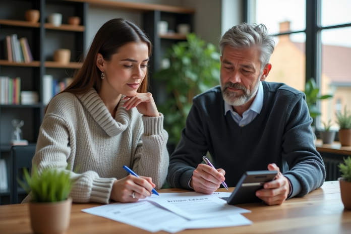 Couple en réunion dans un bureau moderne pour un prêt immobilier