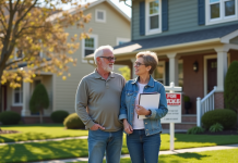 Couple devant une maison à vendre dans un quartier résidentiel