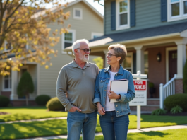 Couple devant une maison à vendre dans un quartier résidentiel