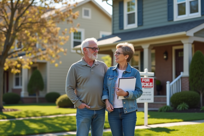 couple-maisons-a-vendre Couple devant une maison à vendre dans un quartier résidentiel