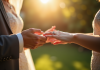 Couple échangeant des bagues dans un jardin ensoleille