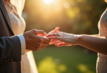 Couple échangeant des bagues dans un jardin ensoleille