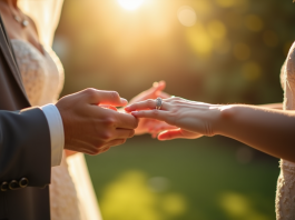 Couple échangeant des bagues dans un jardin ensoleille