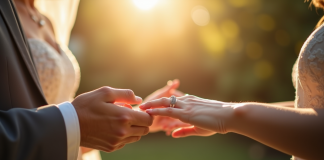 Couple échangeant des bagues dans un jardin ensoleille