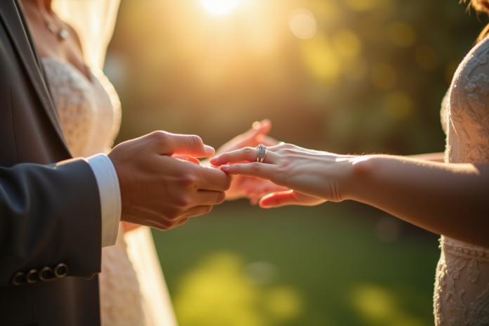 Couple échangeant des bagues dans un jardin ensoleille