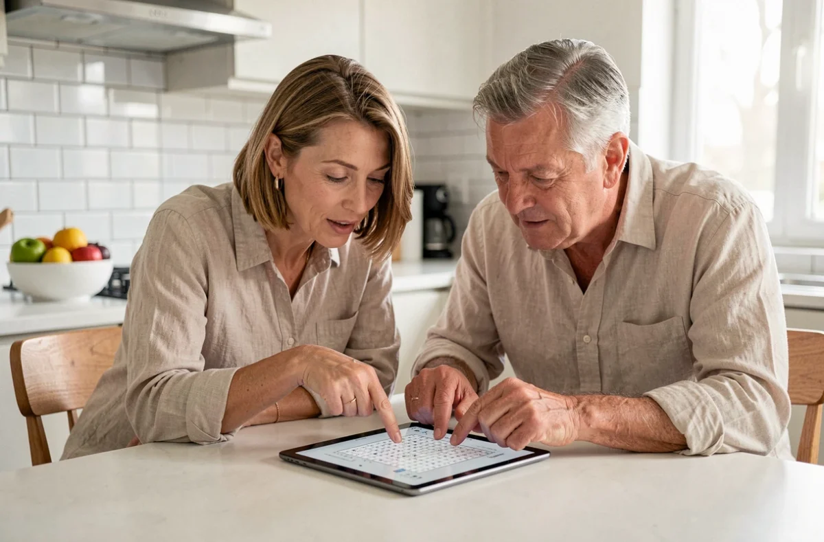 Deux adultes collaborant sur un jeu de mots croisés sur tablette dans une cuisine moderne, représentant l'apprentissage du vocabulaire en famille avec Codycross